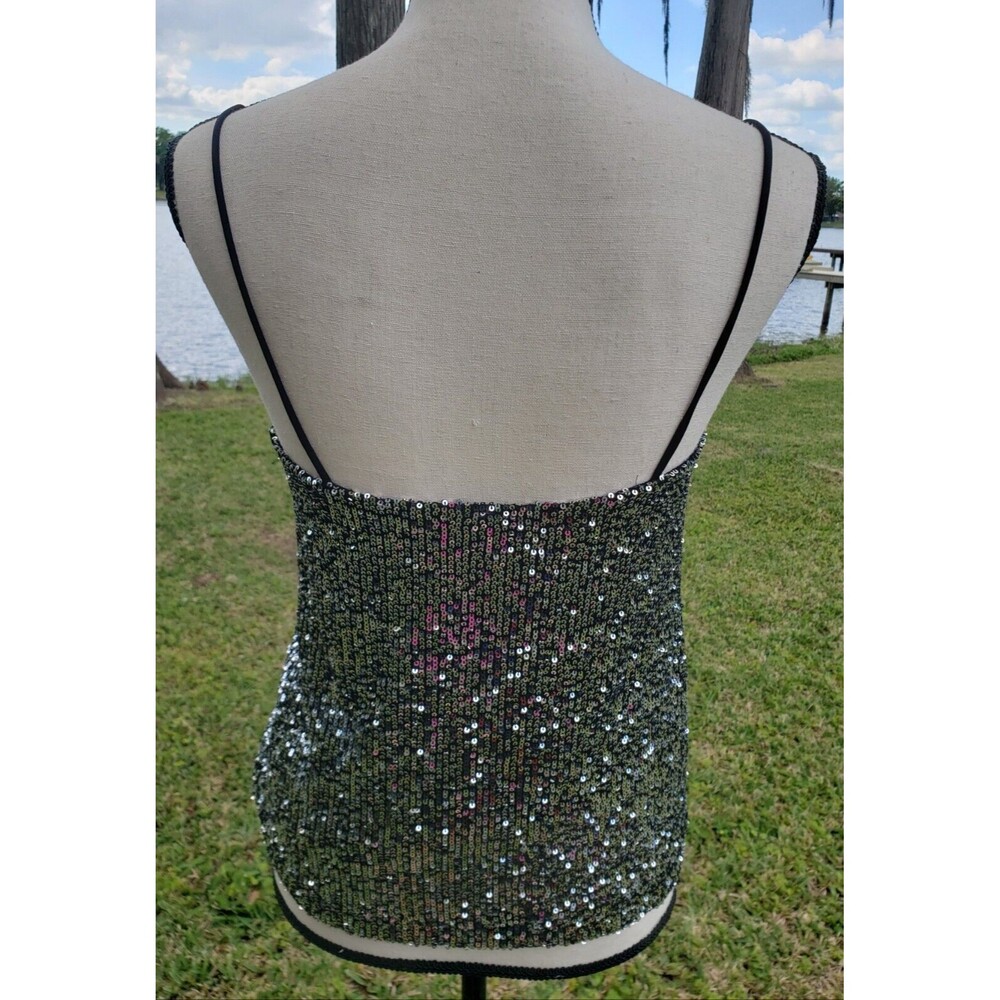 MNG MANGO Ladies Silver Sequin Stretch Tank Top Sz XS Cocktail Party Black Linig - Picture 2 of 9